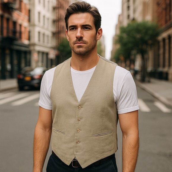 Men’s 100% Linen Beige Suit Vest with Pinstripe Back – Size M - Picture 1 of 9